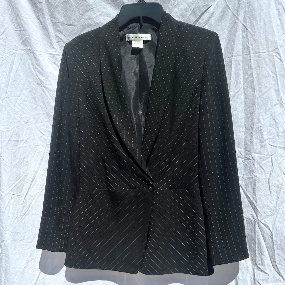 Pin Stirpe Angled Design with Single Button Asymmetrical Closure Fully Lined